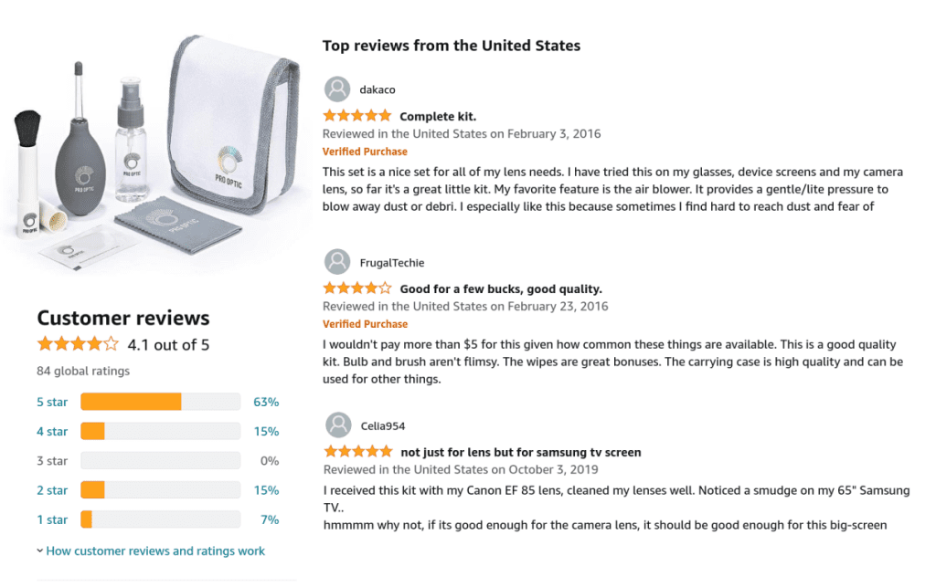 amazon reviews of pro-optic drone and lens cleaning kit