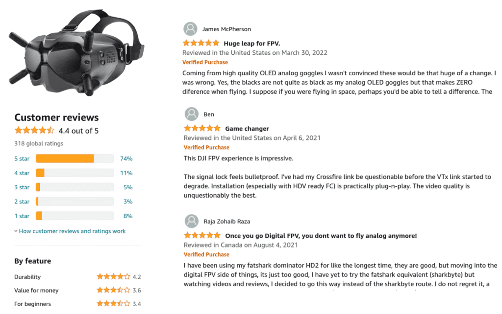 amazon reviews of DJI FPV Goggles V2 for drones